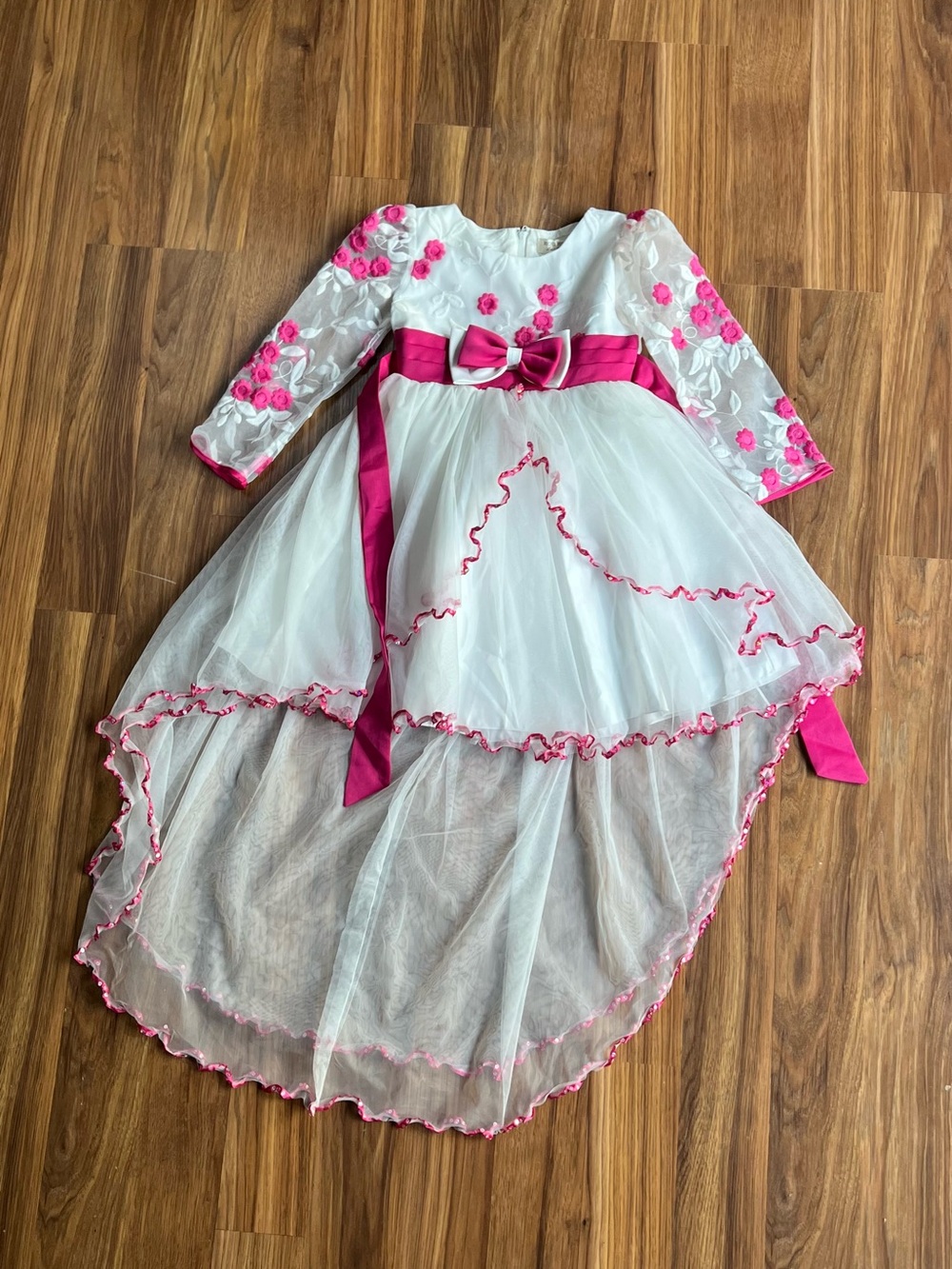 White and Hot Pink Floral Tulle High-Low Kids Costume Dress by
